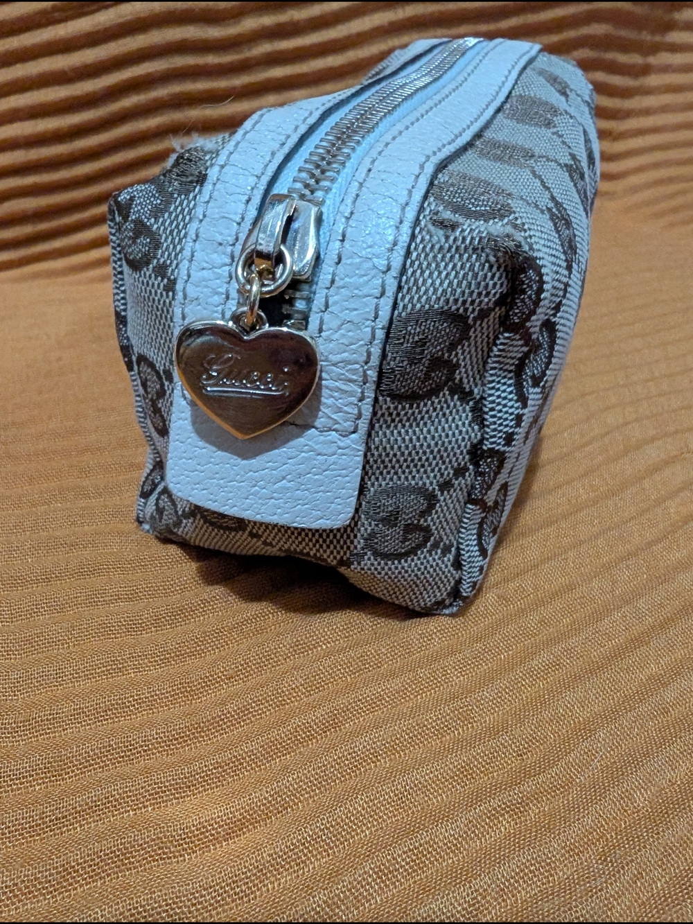 Gucci Beige & Brown Monogram Cosmetic Pouch with White Trim